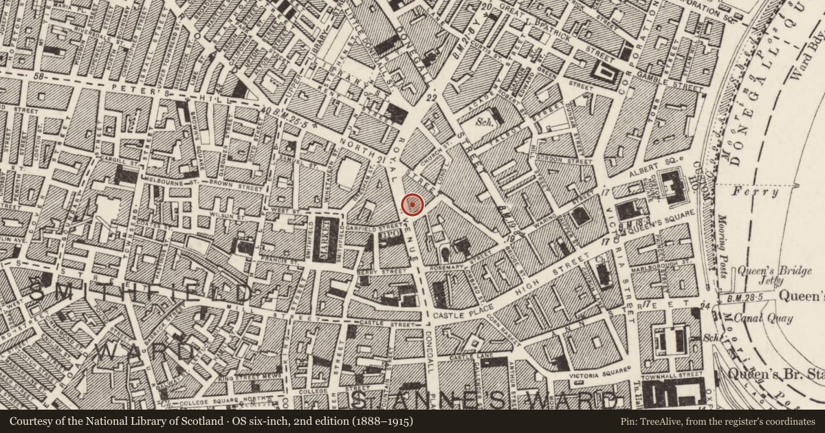 Ordnance Survey six-inch map, 2nd edition (1888–1915) covering the location of 63-73 Royal Avenue, Town Parks, Belfast, with a pin at the register's coordinates