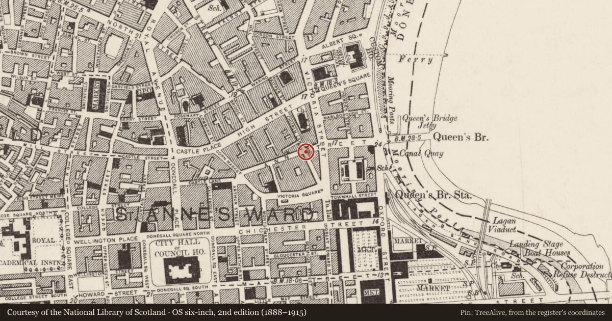 Ordnance Survey six-inch map, 2nd edition (1888–1915) covering the location of Bogarts, Town Parks, Belfast, with a pin at the register's coordinates