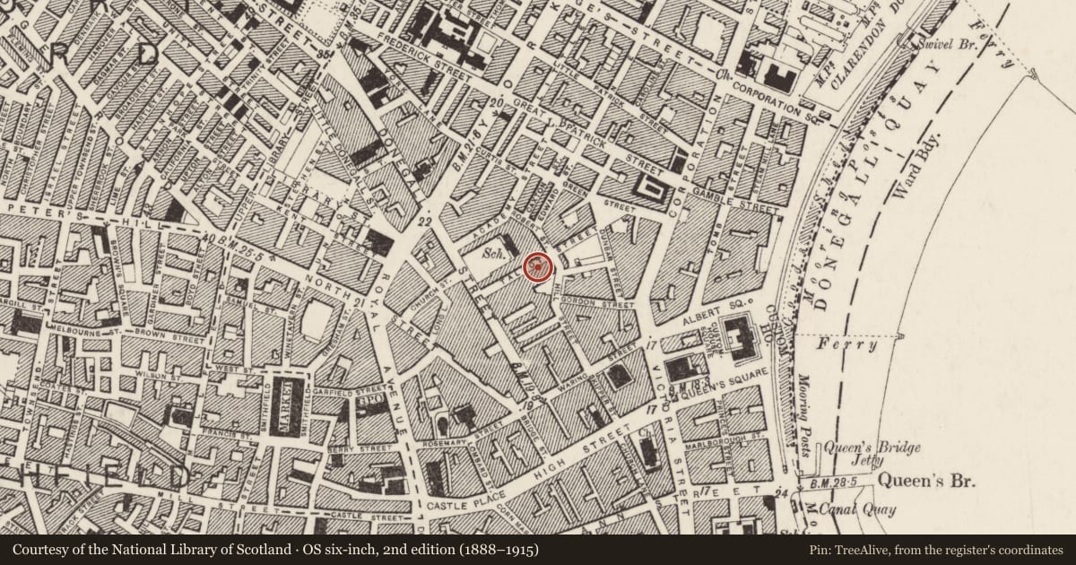 Ordnance Survey six-inch map, 2nd edition (1888–1915) covering the location of 27-37 Talbot St., Town Parks, Belfast, with a pin at the register's coordinates