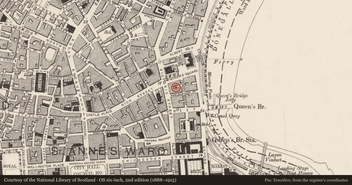 Ordnance Survey six-inch map, 2nd edition (1888–1915) covering the location of Prince'S Court, Town Parks, Belfast, with a pin at the register's coordinates