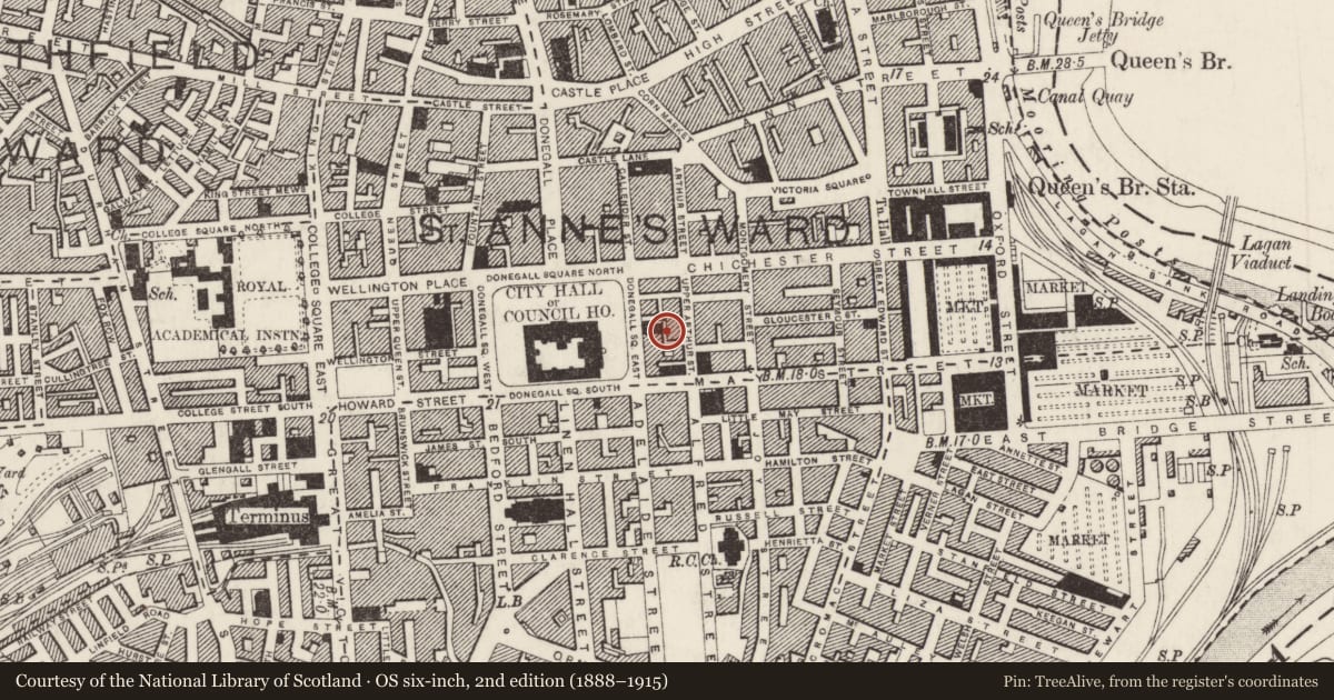 Ordnance Survey six-inch map, 2nd edition (1888–1915) covering the location of Allied Irish Bank, Belfast, with a pin at the register's coordinates