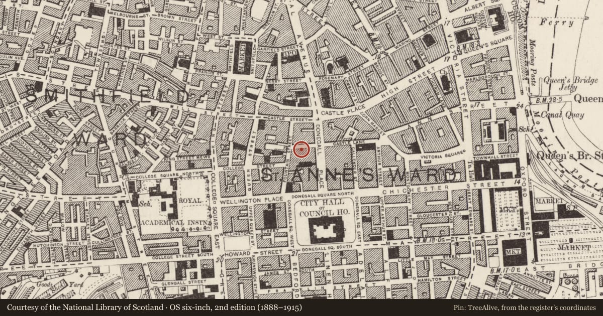 Ordnance Survey six-inch map, 2nd edition (1888–1915) covering the location of Fountain House, Town Parks, Belfast, with a pin at the register's coordinates