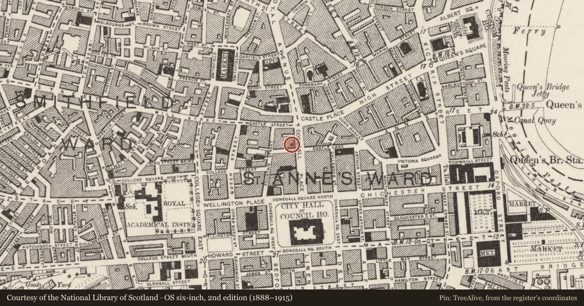 Ordnance Survey six-inch map, 2nd edition (1888–1915) covering the location of Donegall Chambers, Town Parks, Belfast, with a pin at the register's coordinates