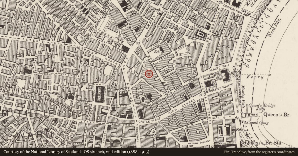 Ordnance Survey six-inch map, 2nd edition (1888–1915) covering the location of North St. Arcade, Belfast, with a pin at the register's coordinates