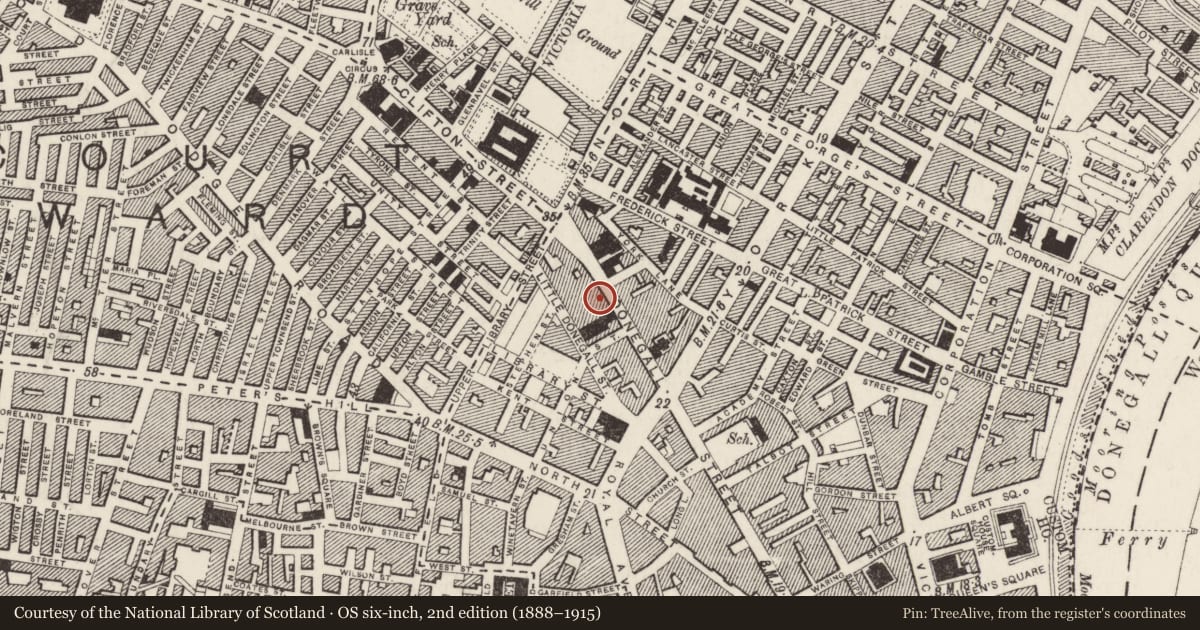 Ordnance Survey six-inch map, 2nd edition (1888–1915) covering the location of Factory, Belfast, with a pin at the register's coordinates