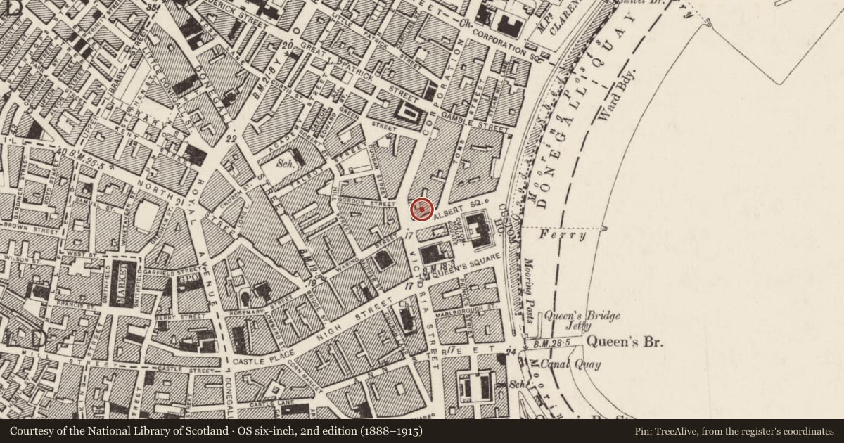 Ordnance Survey six-inch map, 2nd edition (1888–1915) covering the location of 58 Waring Street, Belfast, with a pin at the register's coordinates