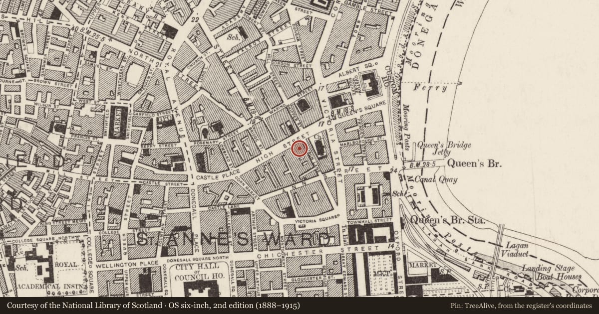 Ordnance Survey six-inch map, 2nd edition (1888–1915) covering the location of 5-19 Church Lane, Belfast, with a pin at the register's coordinates