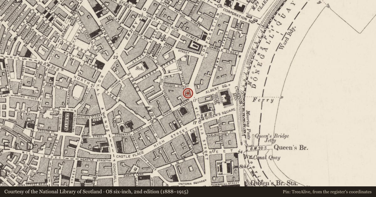 Ordnance Survey six-inch map, 2nd edition (1888–1915) covering the location of 11 Victoria Street, Belfast, with a pin at the register's coordinates