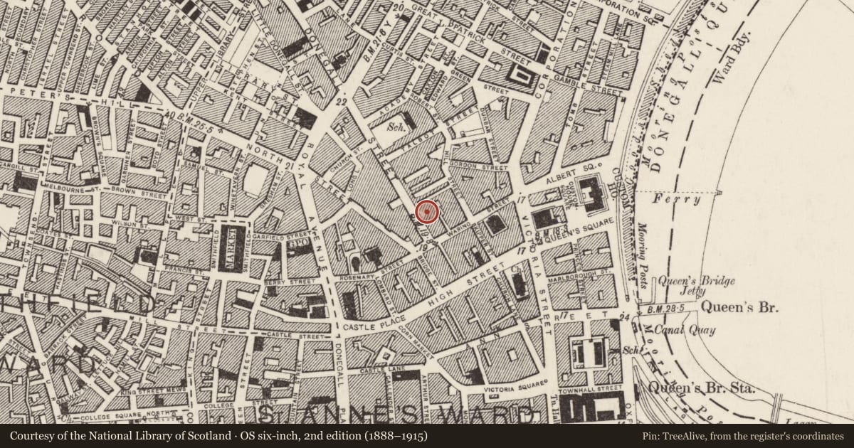 Ordnance Survey six-inch map, 2nd edition (1888–1915) covering the location of 11-19 Donegall Street, Belfast, Co. Antrim BT1 2FF, Belfast, with a pin at the register's coordinates