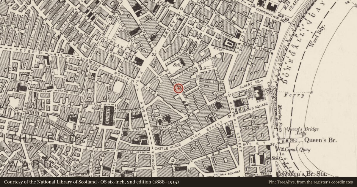 Ordnance Survey six-inch map, 2nd edition (1888–1915) covering the location of 45-47 Donegall Street, Belfast, with a pin at the register's coordinates