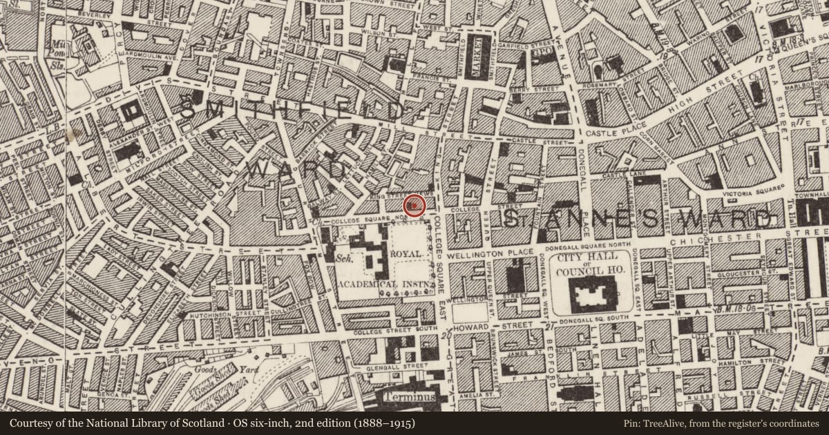 Ordnance Survey six-inch map, 2nd edition (1888–1915) covering the location of 4 College Square North, Belfast, with a pin at the register's coordinates