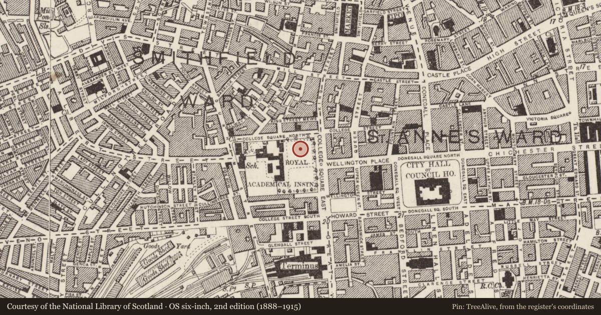 Ordnance Survey six-inch map, 2nd edition (1888–1915) covering the location of College of Technology, Town Parks, Belfast, with a pin at the register's coordinates