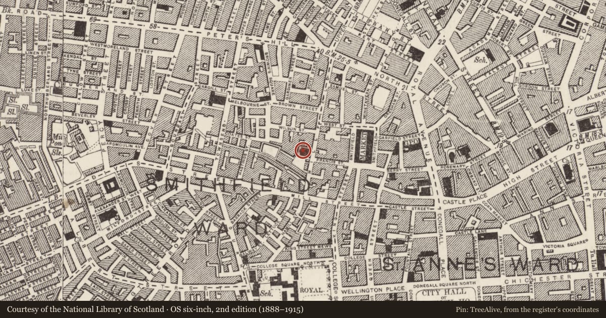 Ordnance Survey six-inch map, 2nd edition (1888–1915) covering the location of St Stephen's Church of Ireland, Town Parks, Belfast, with a pin at the register's coordinates