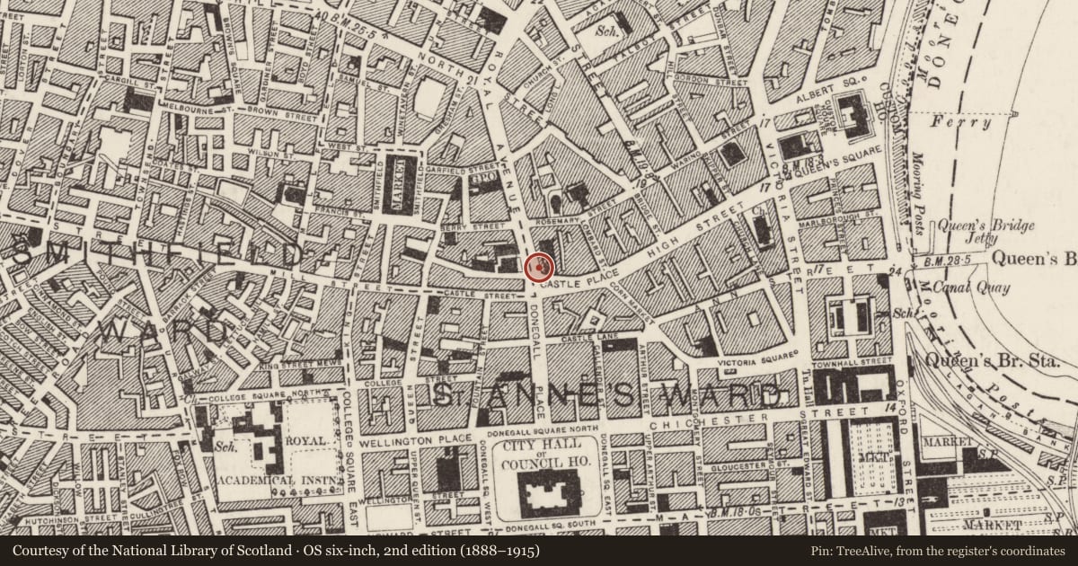 Ordnance Survey six-inch map, 2nd edition (1888–1915) covering the location of 1-5 Royal Avenue, Town Parks, Belfast, with a pin at the register's coordinates
