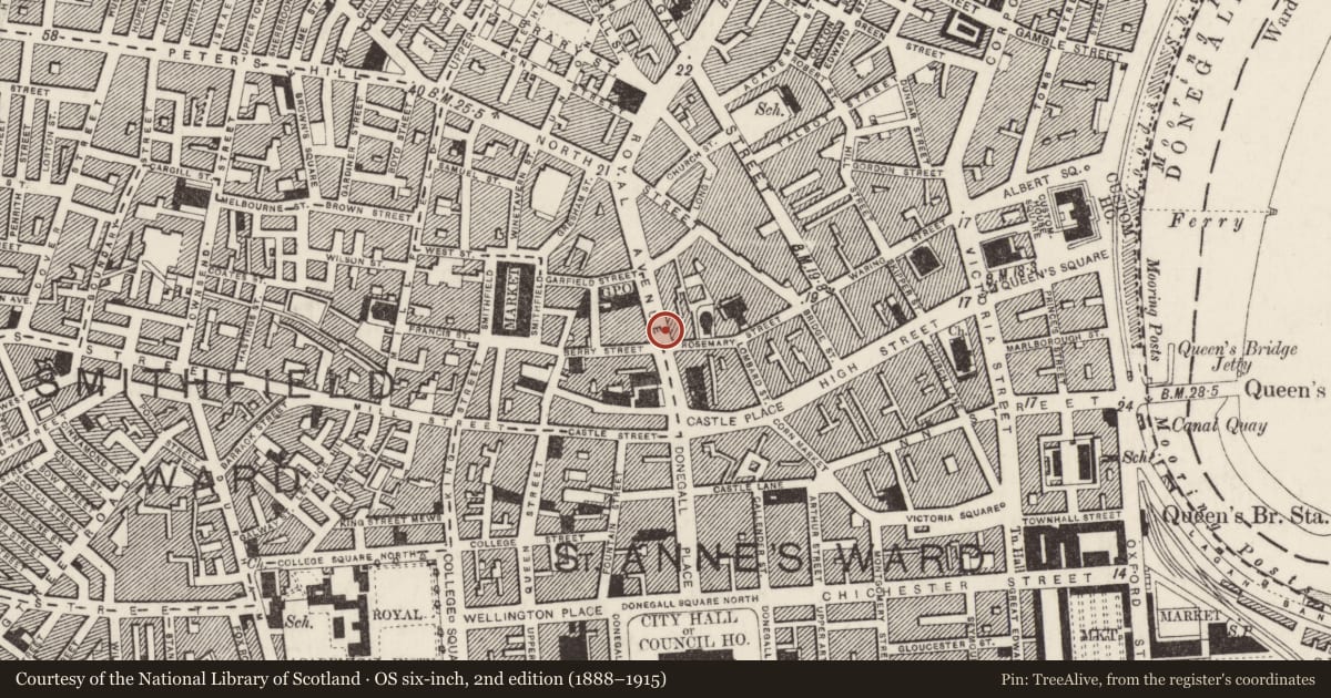Ordnance Survey six-inch map, 2nd edition (1888–1915) covering the location of 31-39 Royal Avenue, Town Parks, Belfast, with a pin at the register's coordinates