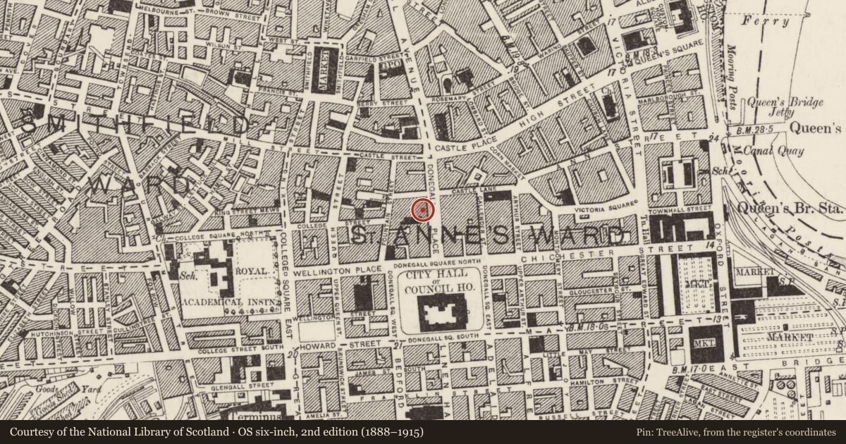Ordnance Survey six-inch map, 2nd edition (1888–1915) covering the location of 25-33 Donegall Place, Town Parks, Belfast, with a pin at the register's coordinates