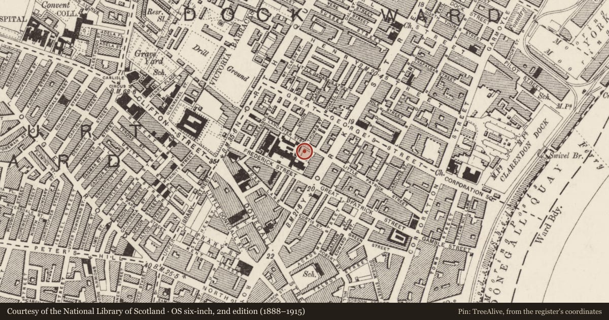 Ordnance Survey six-inch map, 2nd edition (1888–1915) covering the location of Lancaster Street School, Town Parks, Belfast, with a pin at the register's coordinates