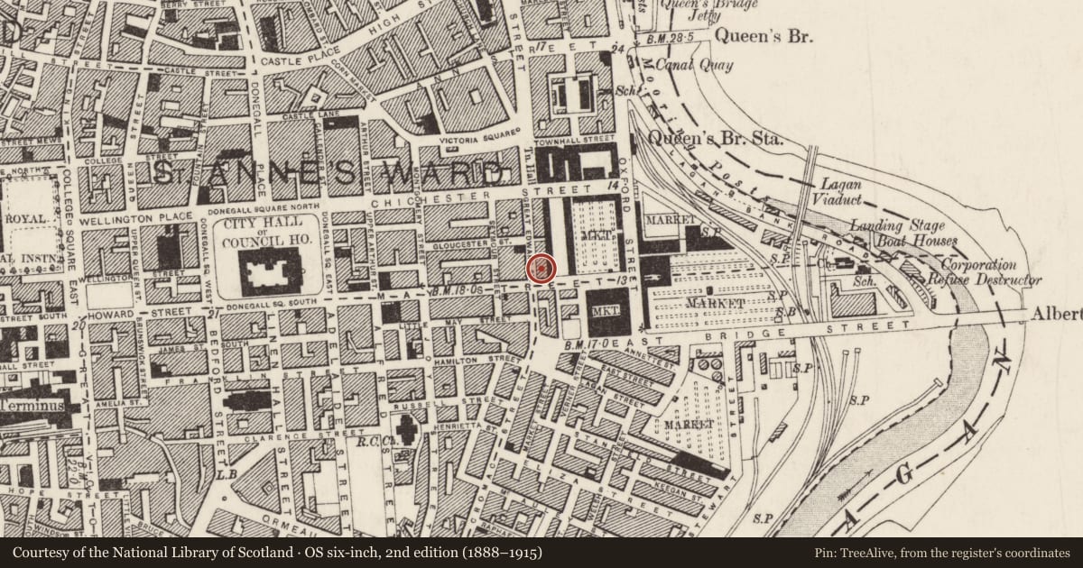 Ordnance Survey six-inch map, 2nd edition (1888–1915) covering the location of Former Northern Bank, Town Parks, Belfast, with a pin at the register's coordinates