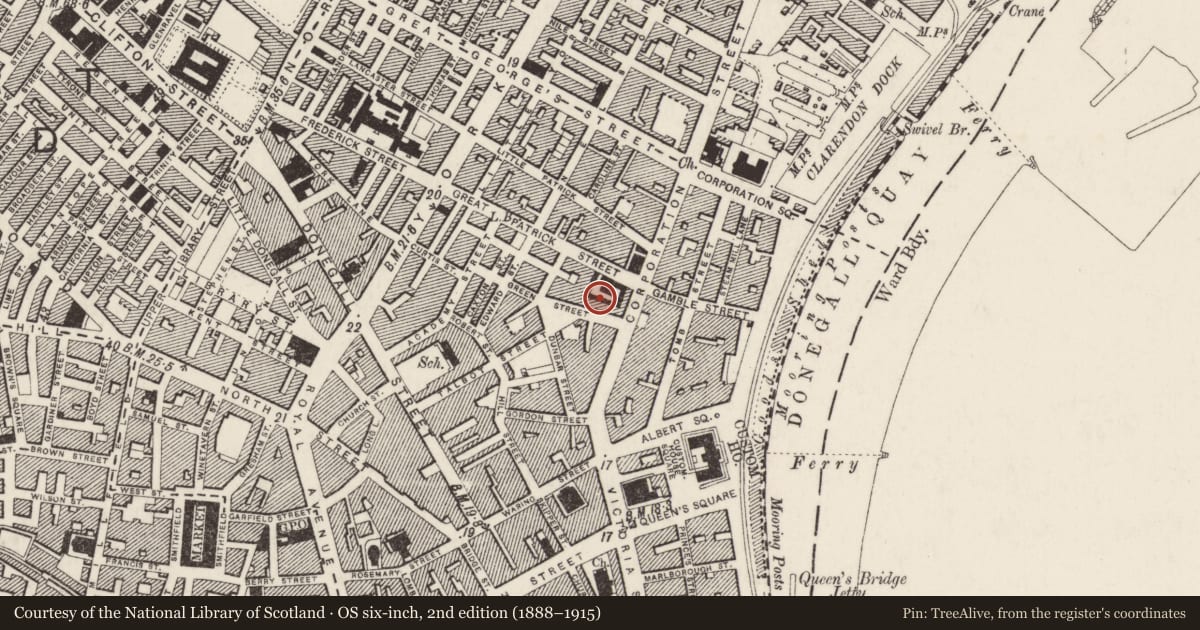 Ordnance Survey six-inch map, 2nd edition (1888–1915) covering the location of 24 Corporation Street, Belfast, with a pin at the register's coordinates