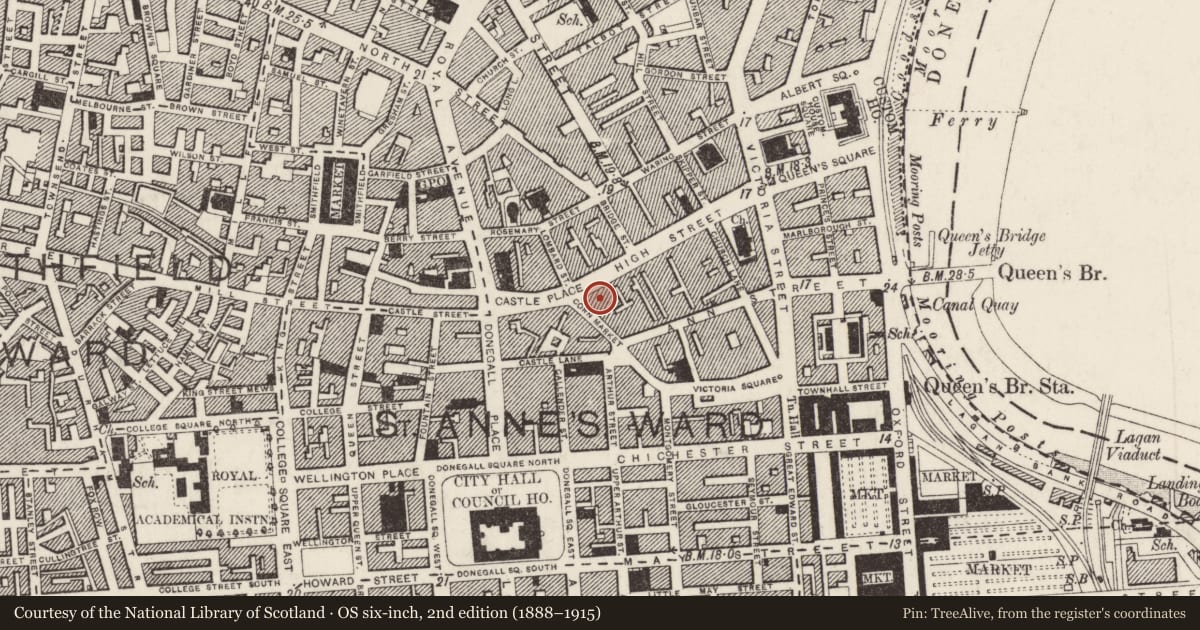 Ordnance Survey six-inch map, 2nd edition (1888–1915) covering the location of Woolworths And Burton Buildings, Town Parks, Belfast, with a pin at the register's coordinates