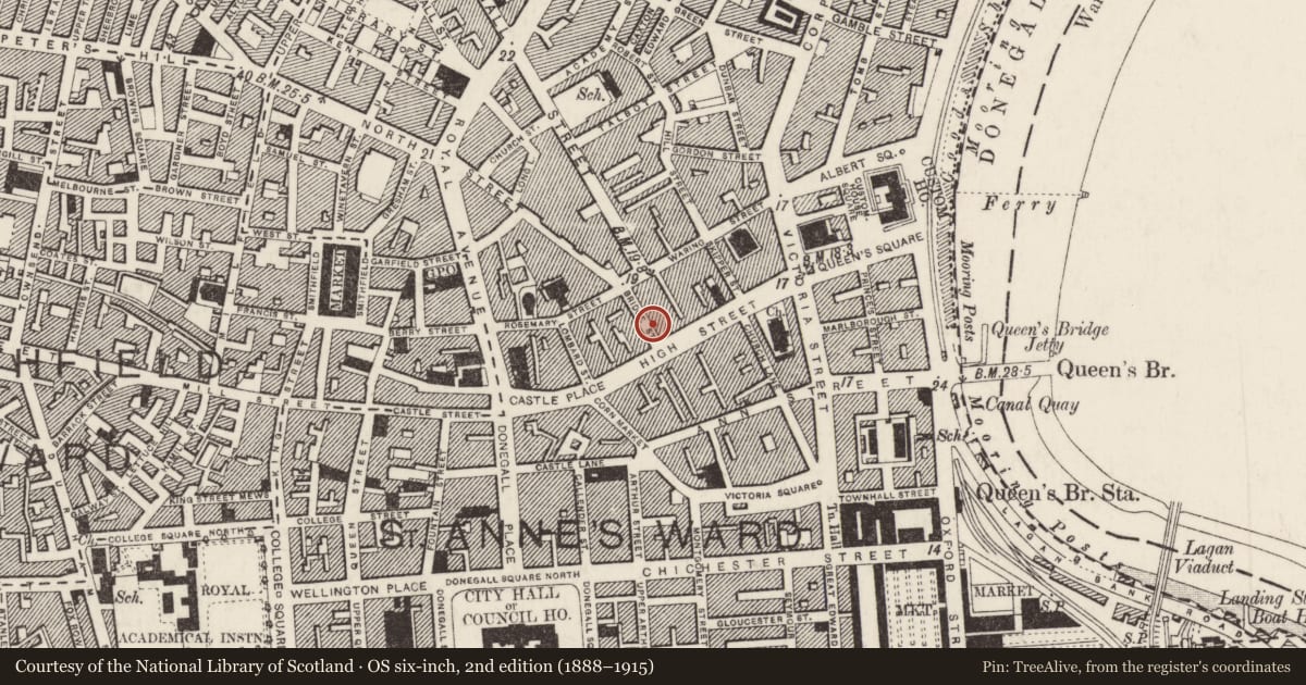 Ordnance Survey six-inch map, 2nd edition (1888–1915) covering the location of Block Of Shops & OFFICES, Belfast, with a pin at the register's coordinates