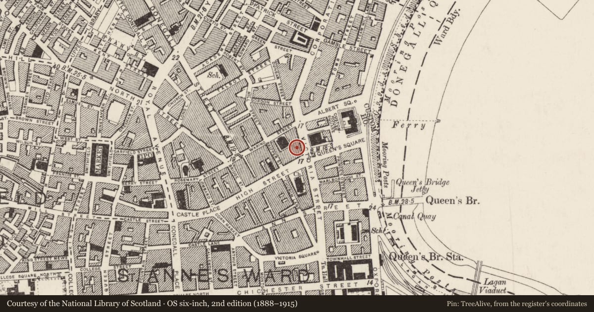 Ordnance Survey six-inch map, 2nd edition (1888–1915) covering the location of Transport House, Town Parks, Belfast, with a pin at the register's coordinates