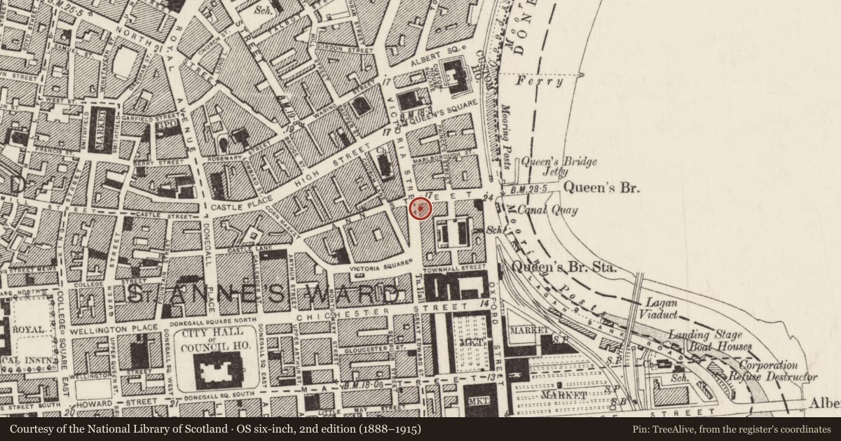 Ordnance Survey six-inch map, 2nd edition (1888–1915) covering the location of 46-52 Victoria Street, Belfast, with a pin at the register's coordinates