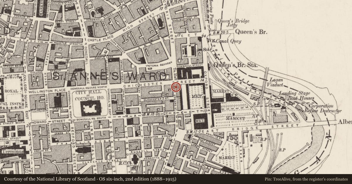 Ordnance Survey six-inch map, 2nd edition (1888–1915) covering the location of Ulster Tavern, Belfast, with a pin at the register's coordinates