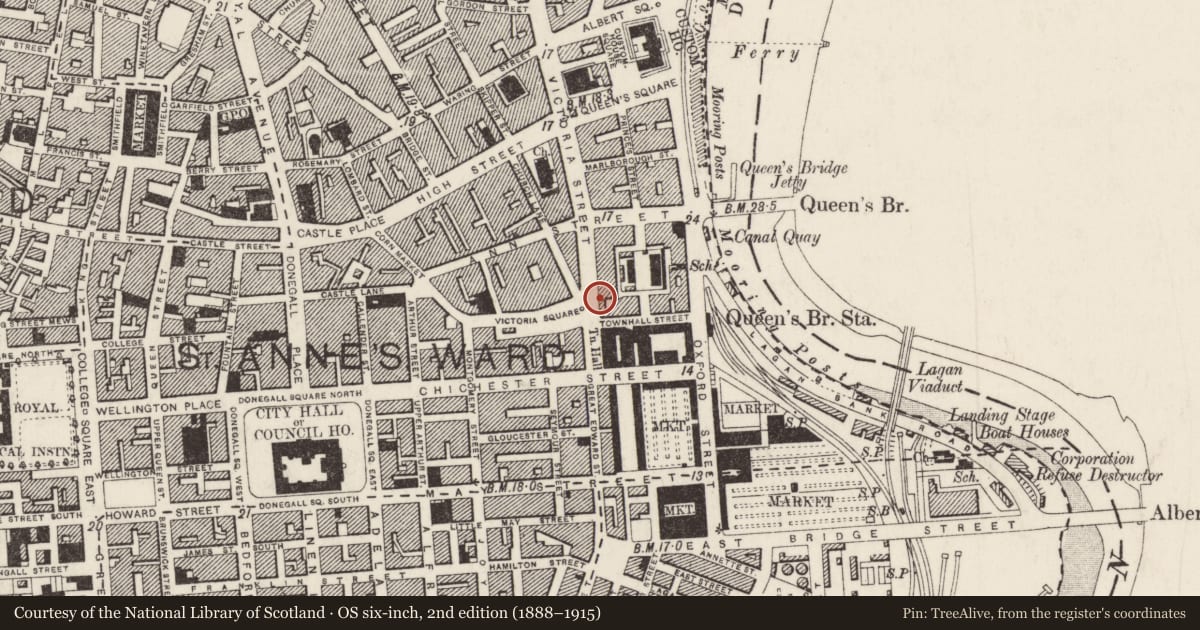 Ordnance Survey six-inch map, 2nd edition (1888–1915) covering the location of 70-78 Victoria Street, Belfast, with a pin at the register's coordinates