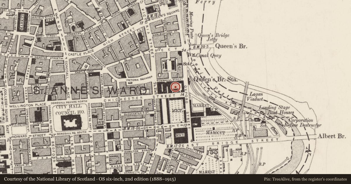 Ordnance Survey six-inch map, 2nd edition (1888–1915) covering the location of Fire Station, Belfast, with a pin at the register's coordinates