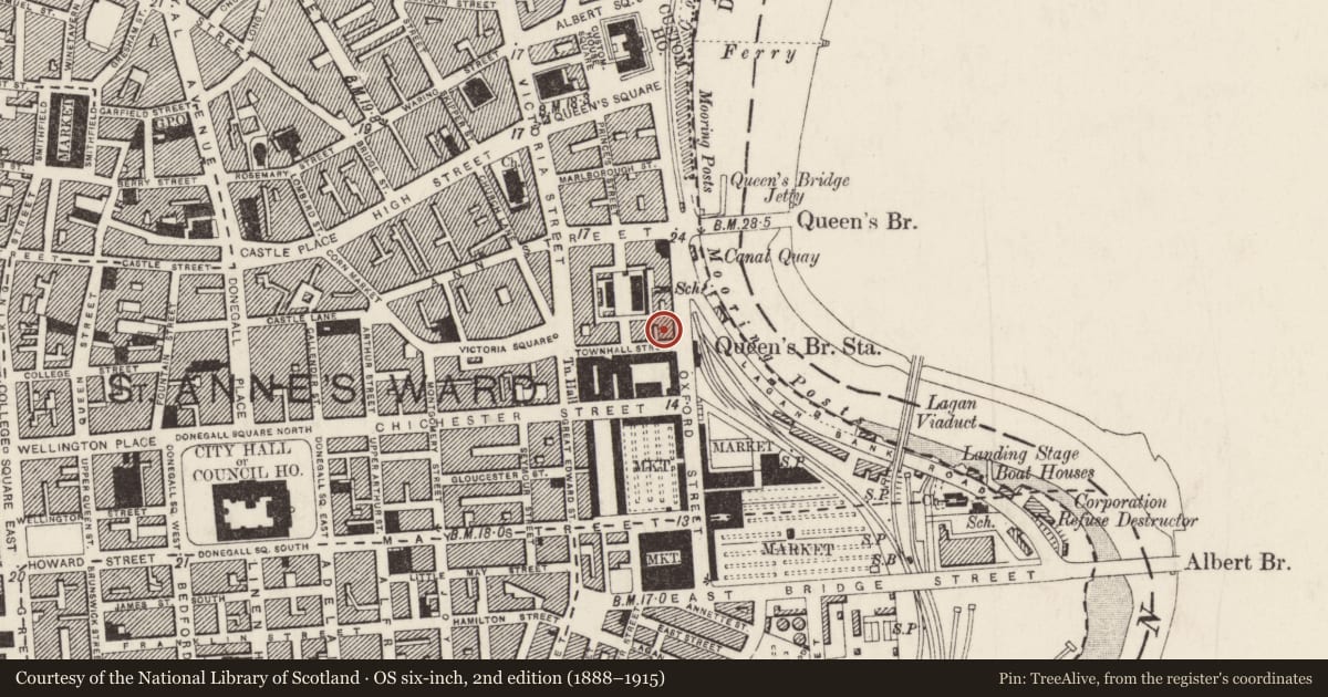 Ordnance Survey six-inch map, 2nd edition (1888–1915) covering the location of Roddy’s Bar, Belfast, with a pin at the register's coordinates
