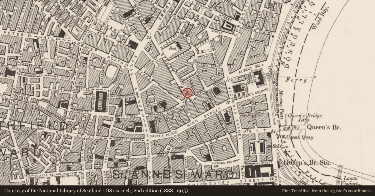 Ordnance Survey six-inch map, 2nd edition (1888–1915) covering the location of 3 Donegall Street, Town Parks, Belfast, with a pin at the register's coordinates