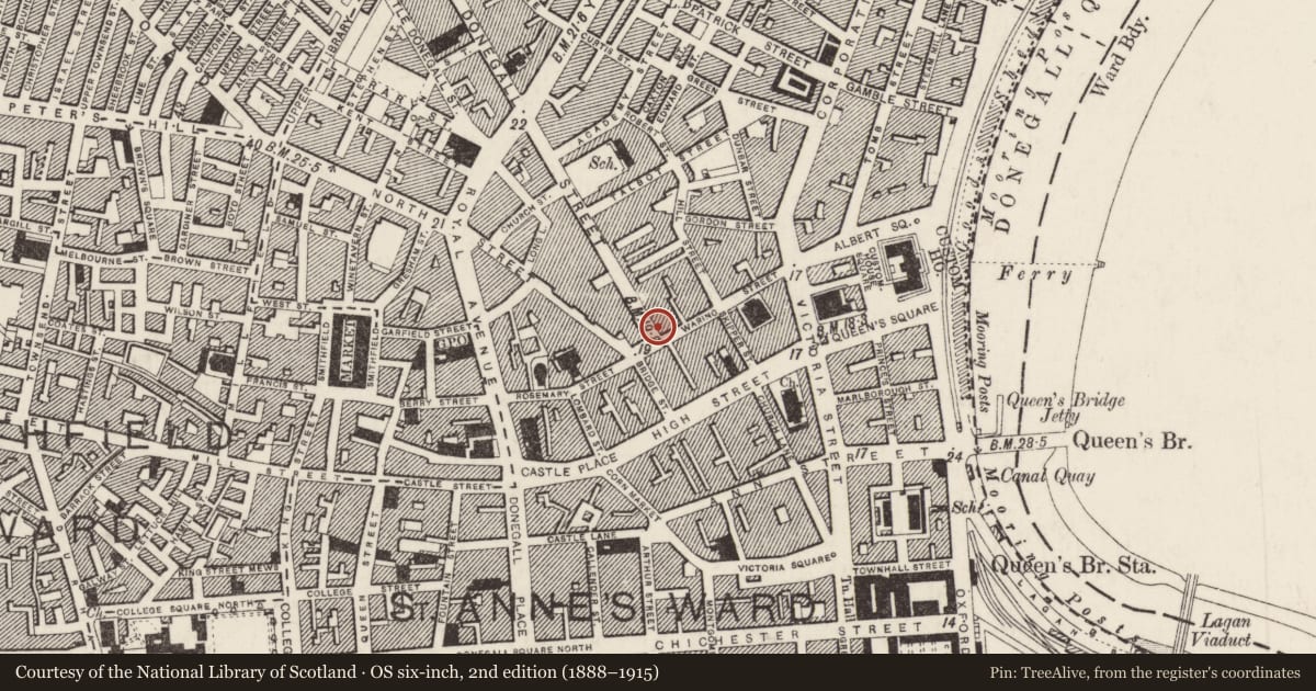 Ordnance Survey six-inch map, 2nd edition (1888–1915) covering the location of 1 Donegall Street, 4-6 Waring Street, Town Parks, Belfast, with a pin at the register's coordinates