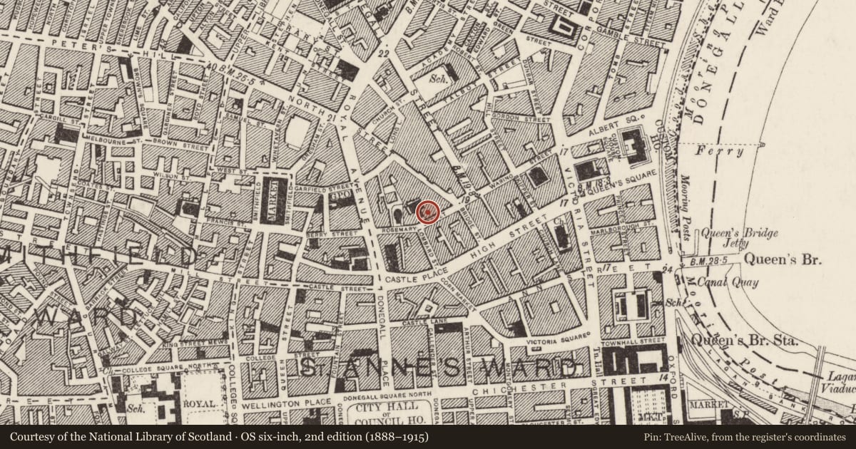 Ordnance Survey six-inch map, 2nd edition (1888–1915) covering the location of Brown McConnell and Co, Belfast, with a pin at the register's coordinates