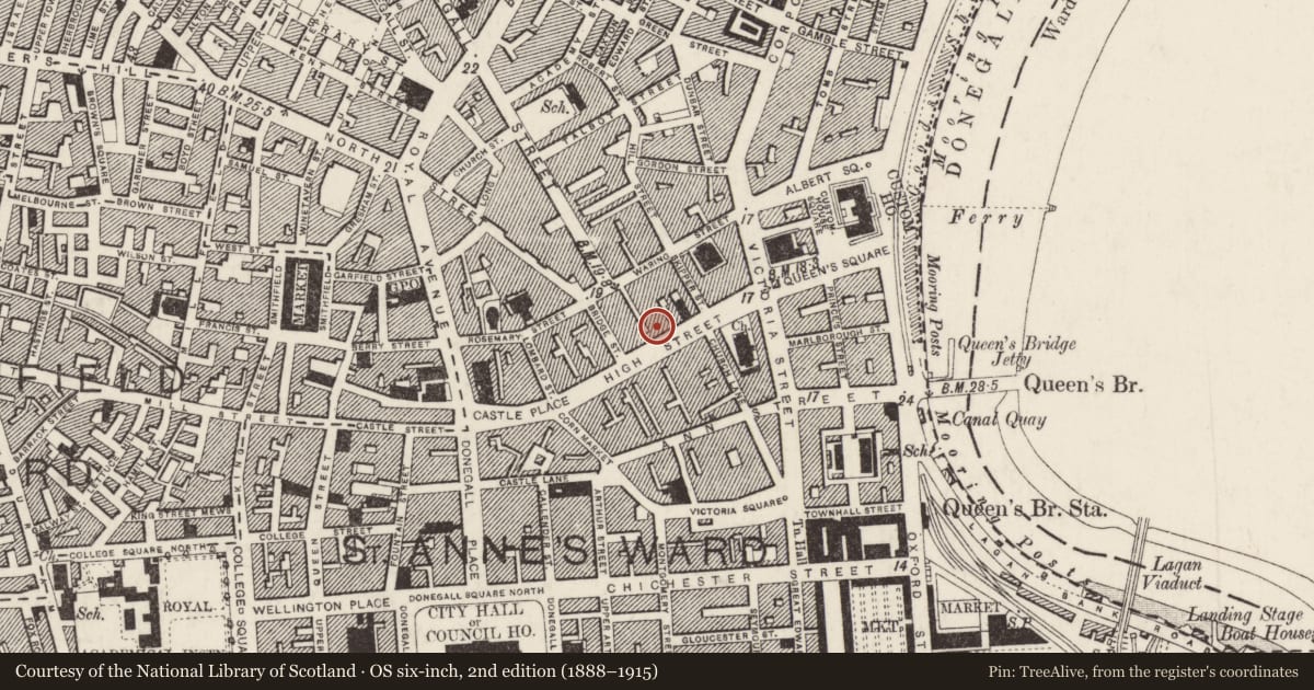 Ordnance Survey six-inch map, 2nd edition (1888–1915) covering the location of River House, Belfast, with a pin at the register's coordinates