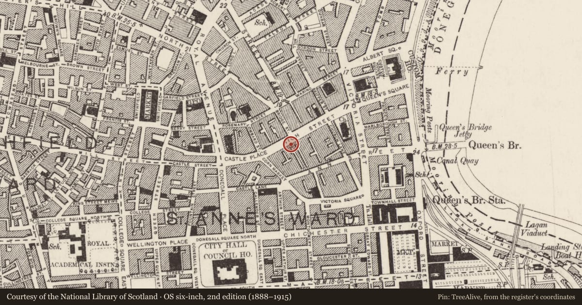 Ordnance Survey six-inch map, 2nd edition (1888–1915) covering the location of First Trust Bank, Belfast, with a pin at the register's coordinates