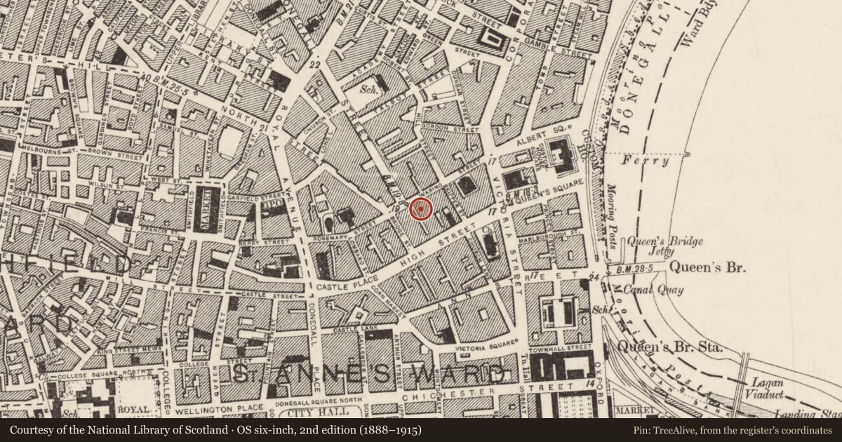 Ordnance Survey six-inch map, 2nd edition (1888–1915) covering the location of War Memorial Building, Town Parks, Belfast, with a pin at the register's coordinates