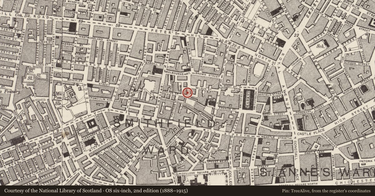 Ordnance Survey six-inch map, 2nd edition (1888–1915) covering the location of Belfast College of Further and Higher Education, Belfast, with a pin at the register's coordinates