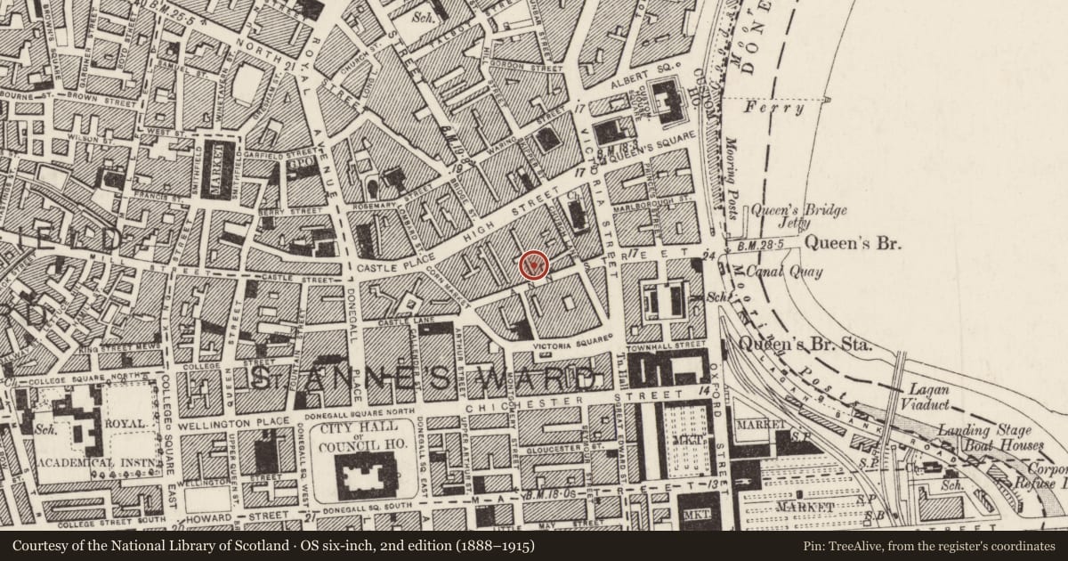 Ordnance Survey six-inch map, 2nd edition (1888–1915) covering the location of 42-46 Ann Street, Belfast, with a pin at the register's coordinates