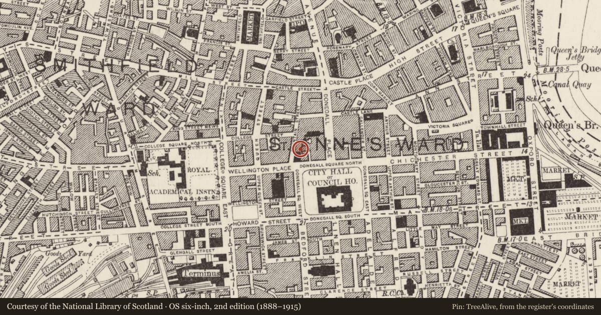 Ordnance Survey six-inch map, 2nd edition (1888–1915) covering the location of 48-50 Fountain Street, Town Parks, Belfast, with a pin at the register's coordinates