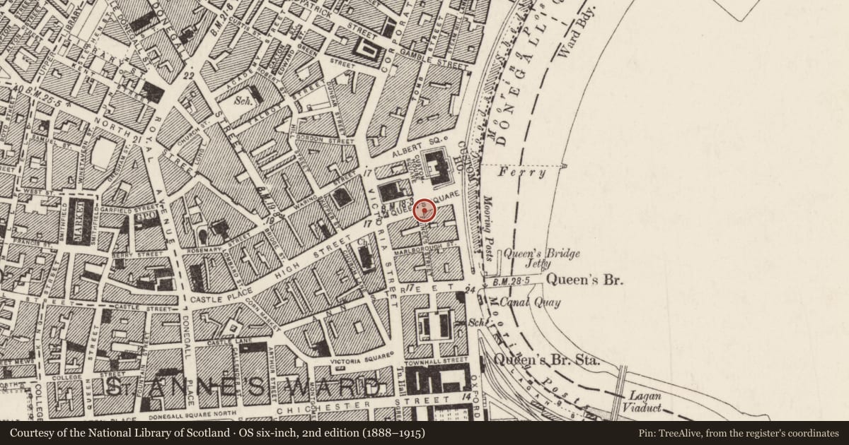 Ordnance Survey six-inch map, 2nd edition (1888–1915) covering the location of McHughs Bar, Town Parks, Belfast, with a pin at the register's coordinates