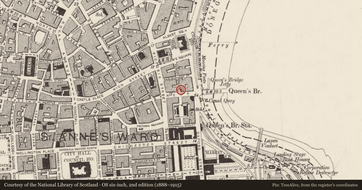 Ordnance Survey six-inch map, 2nd edition (1888–1915) covering the location of Lagan Bar, Belfast, with a pin at the register's coordinates