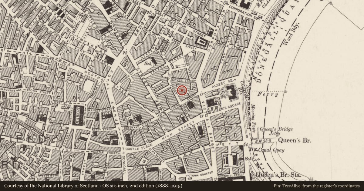 Ordnance Survey six-inch map, 2nd edition (1888–1915) covering the location of Warehouse at 42 Waring Street ('Cotton Court'), Belfast Town Parks, Belfast, with a pin at the register's coordinates