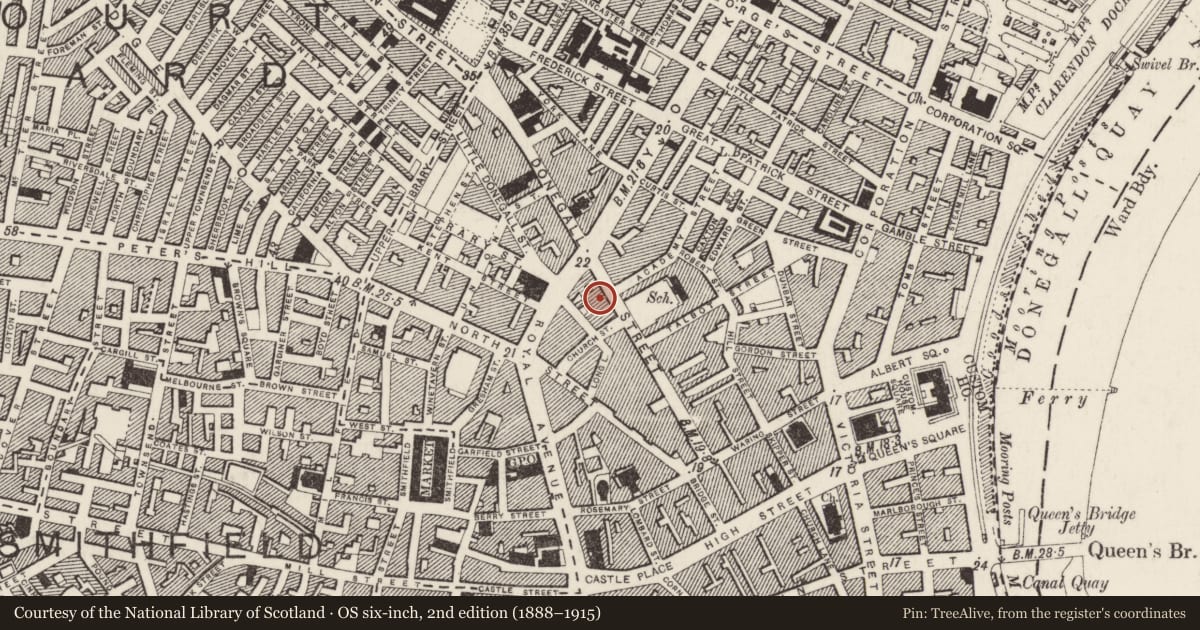Ordnance Survey six-inch map, 2nd edition (1888–1915) covering the location of Cathedral Buildings, Belfast Town Parks, Belfast, with a pin at the register's coordinates