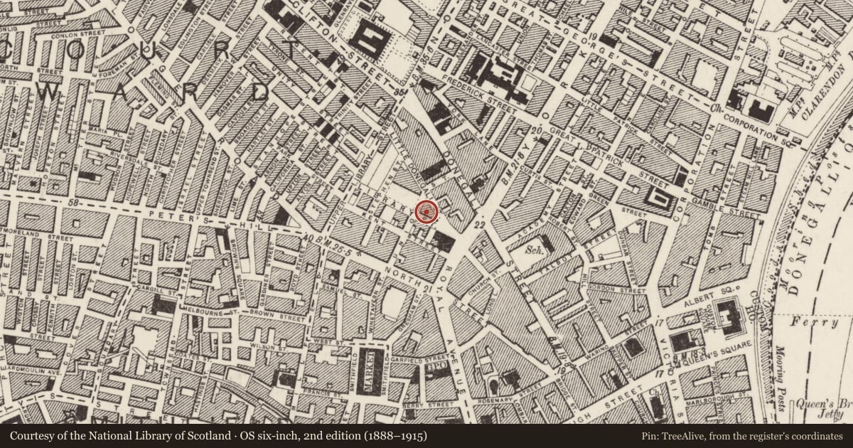 Ordnance Survey six-inch map, 2nd edition (1888–1915) covering the location of Frames Snooker Hall, Belfast, with a pin at the register's coordinates