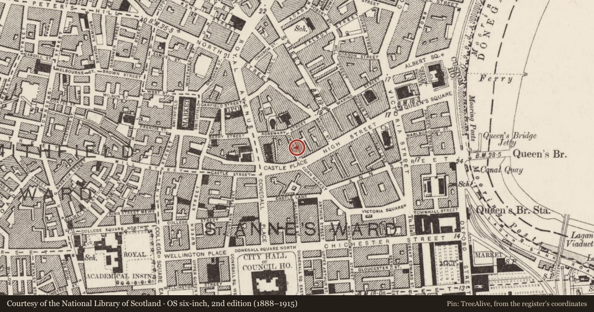 Ordnance Survey six-inch map, 2nd edition (1888–1915) covering the location of 5-11 Lombard Street, Town Parks, Belfast, with a pin at the register's coordinates