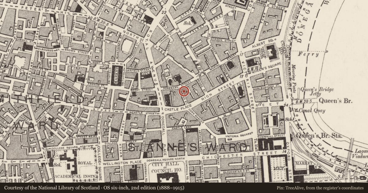 Ordnance Survey six-inch map, 2nd edition (1888–1915) covering the location of 13-17 Lombard Street, Town Parks, Belfast, with a pin at the register's coordinates