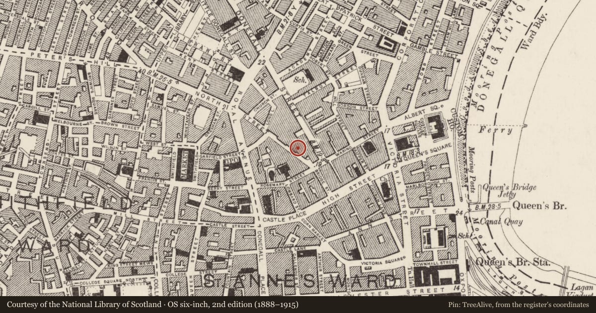 Ordnance Survey six-inch map, 2nd edition (1888–1915) covering the location of J Braddell and Sons Ltd, Town Parks, Belfast, with a pin at the register's coordinates