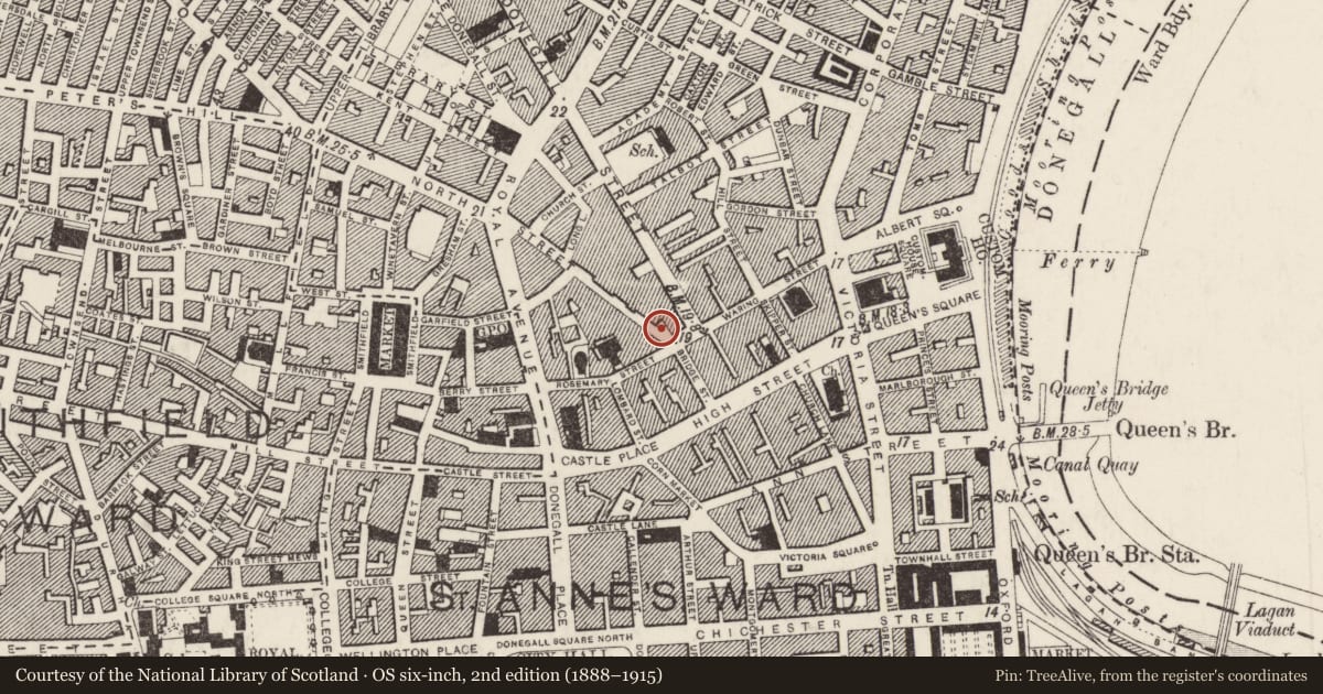 Ordnance Survey six-inch map, 2nd edition (1888–1915) covering the location of Telephone Kiosk, Town Parks, Belfast, with a pin at the register's coordinates