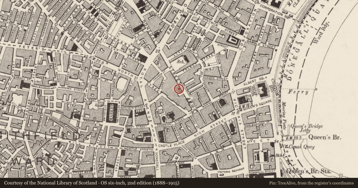 Ordnance Survey six-inch map, 2nd edition (1888–1915) covering the location of Ellison's, Belfast, with a pin at the register's coordinates